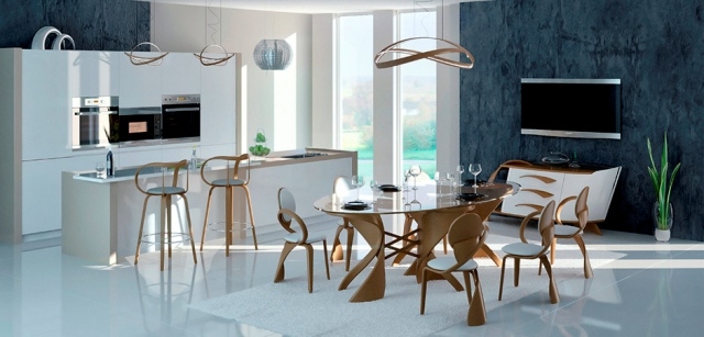 kuchynská linka drevená barová stolička jedáleň stoličky sklenený stôl