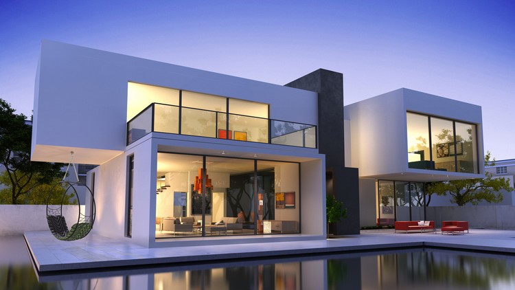 Závesná stolička na kolieska so zelenou podložkou na modernom dome s bazénom Moderný dizajnový nábytok koleso-zavesenie stoličky-čalúnenie-moderný-dom-bazén