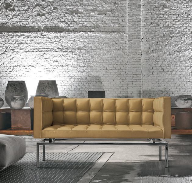 čalúnená kožená sedačka, oceľový rám capitonne béžová