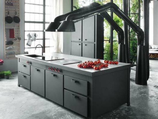 Kuchynský ostrovný digestor Mina biely kamenný obklad