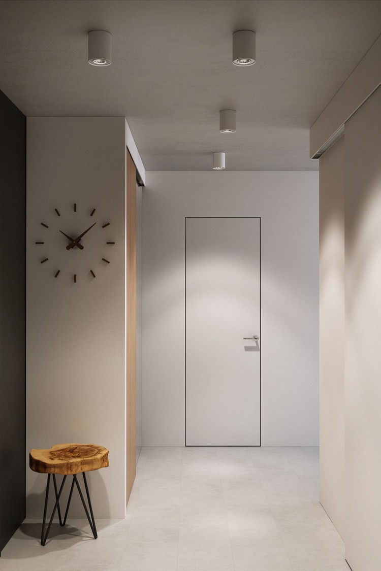 biele vnútorné dvere bez zárubne vedú do kúpeľne Zariadenie-chodba v prírodnom tóne-biela-vo vnútri-dvere-bez rámu