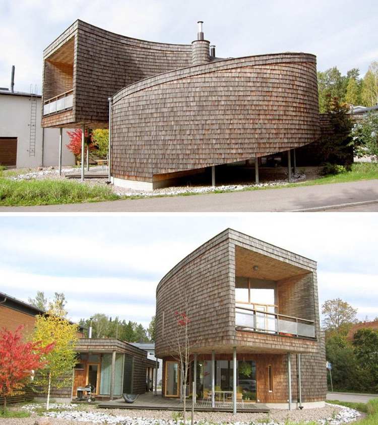 mimoriadny dom špirálovitého tvaru vo fínskom Espo moderný-fasádny-šindel-drevo-špirála-architekt-dom-architektúra-terasa