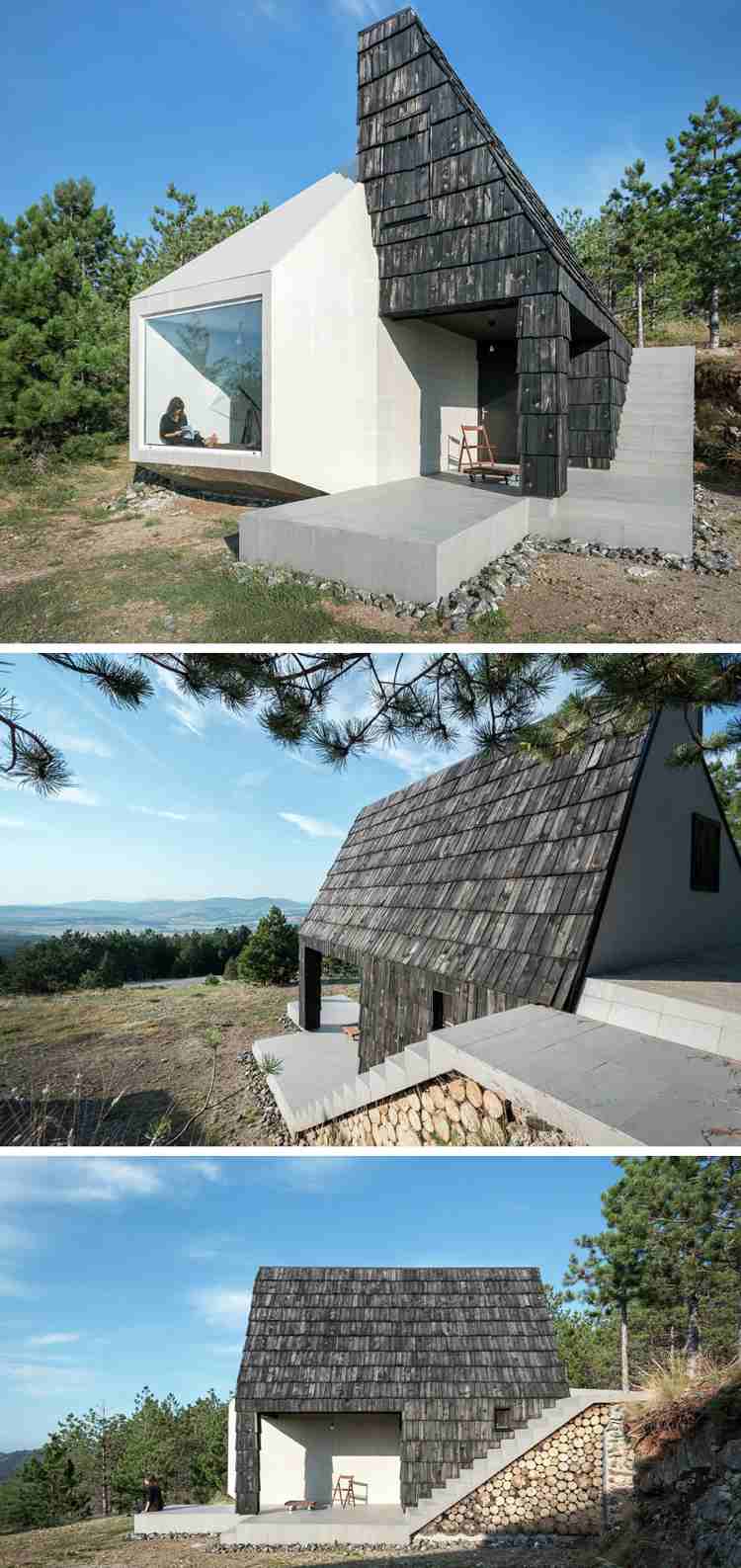 malý domček z dvoch štruktúr v rôznych štýloch moderný-fasádny-drevený šindeľ-sivo-betón-asymetrický-architekt-dom