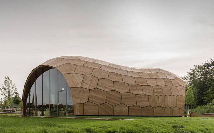 moderný-fasádny-dizajn-drevené-panely-geometrické tvary-iglu