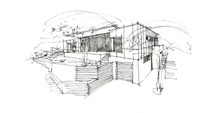 Náčrt projektu- vodopád Munting Architects Namíbia Ekologicky šetrné bývanie-skica-vodopád-lov-architekti