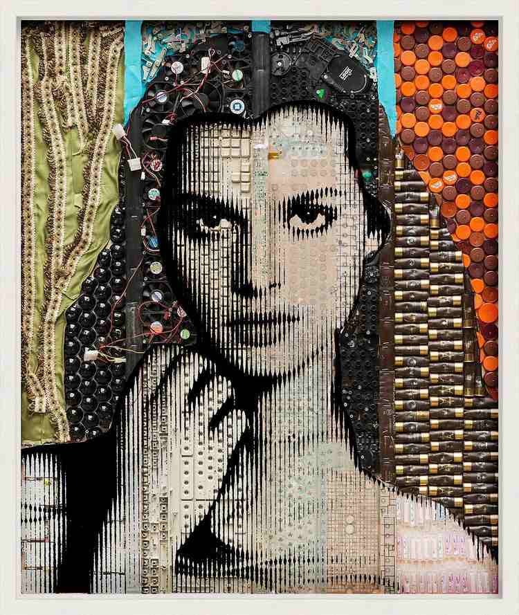 Photo art Nastassja Kinski - koláž káblov, batérií, plastových krytiek Moderné fotografické umenie-Renaud-Delorme-wande-Nastassja-Kinski-kolážové-káblové batérie