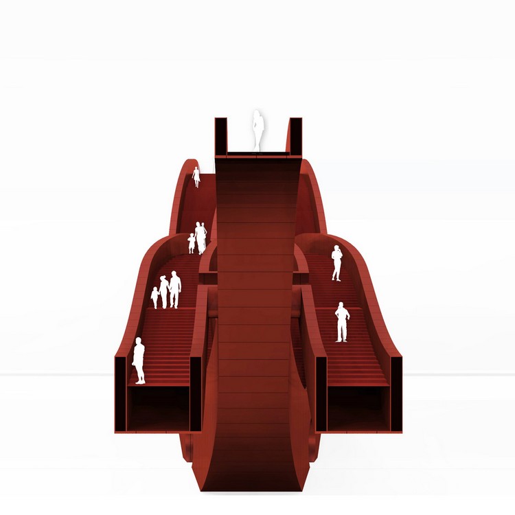 Červená oceľová lávka - rezaná moderný-most pre peších-vizualizácia-architektúra-úsek