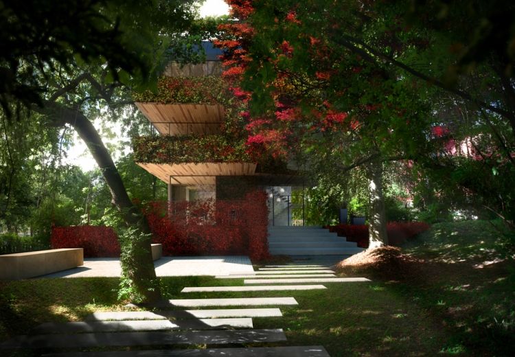 Moderný záhradný dizajn-popínavé rastliny-červené lístie