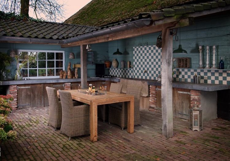 Moderný záhradný dizajn-dekor-krb-integrovaný-záhradný stôl-drevo-rustikálny