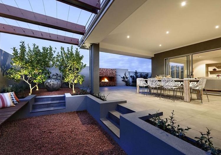 moderná záhrada-dizajn-deco-krb-terasa-krb-zastrešenie terasy