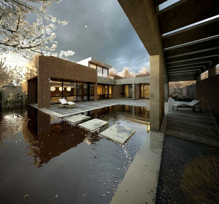 Modernú plochu terasy zdobí tmavý štrk moderný-záhradný-dizajn-kamene-voda-jazierko-nášľapné-kamene-štrková krytina