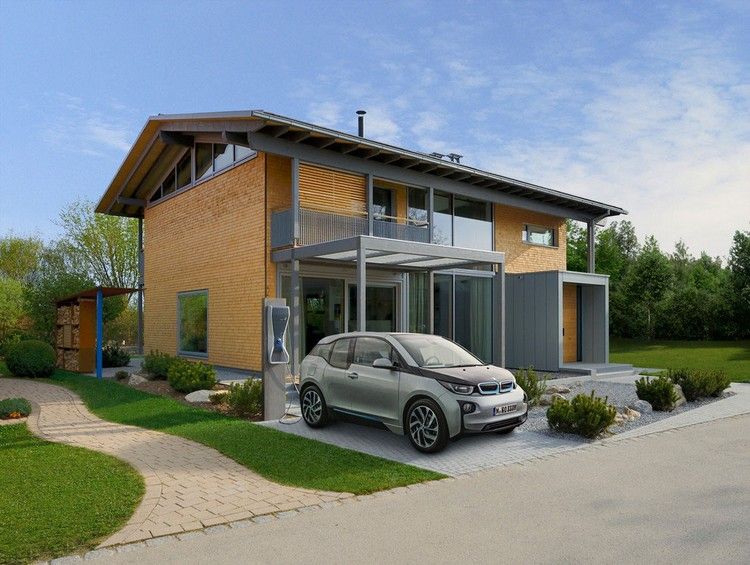 Eko dizajnový dom s nabíjacou stanicou pre elektrické vozidlá Moderná útulnosť biologická účinnosť-nabíjacia stanica-elektro-mobil