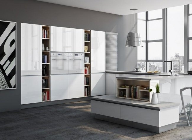 Kuchyne s vysokým leskom v bielom prevedení vstavané spotrebiče posuvný úložný priestor