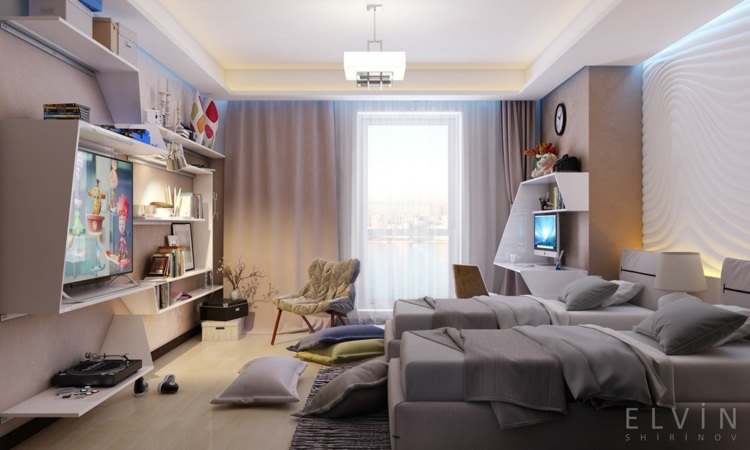 miestnosť pre mládež moderný sivý nábytok závesy parkety falošný strop