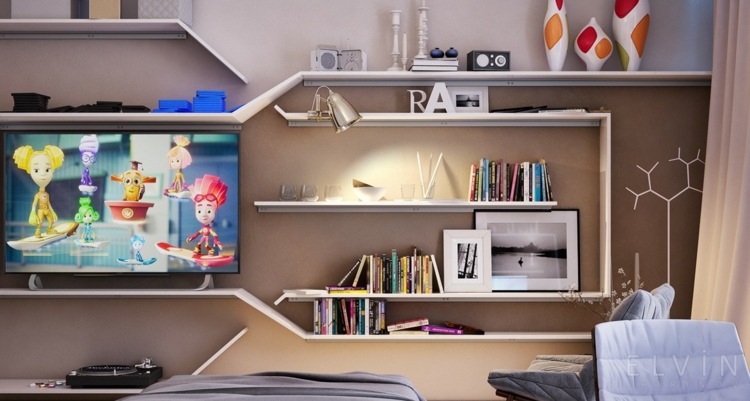 moderná izba pre mládež béžová nástenná polica knihy TV