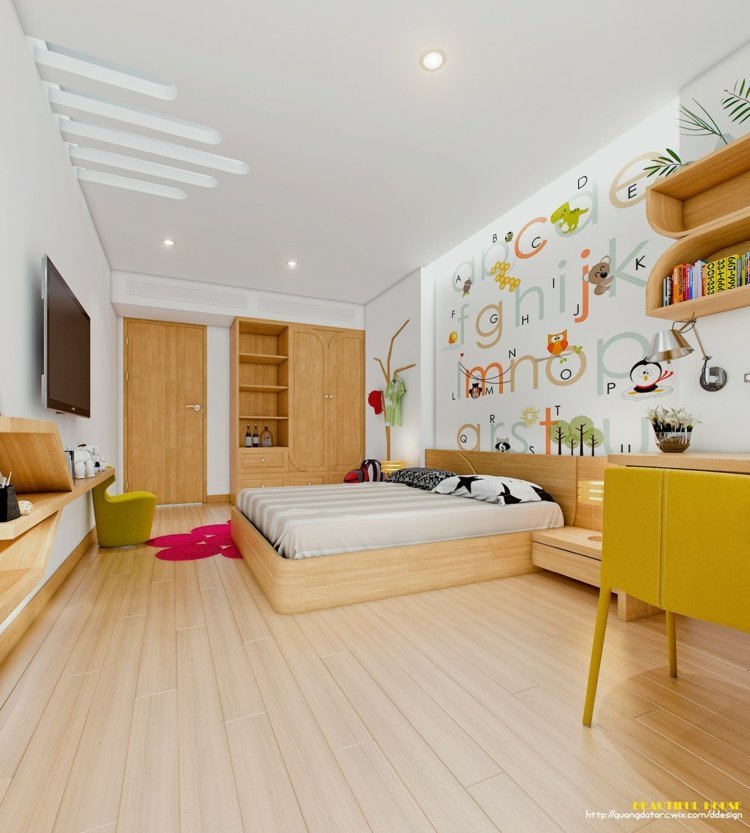 moderná izba pre mládež žltá stena obrázok svetlé parketové postele