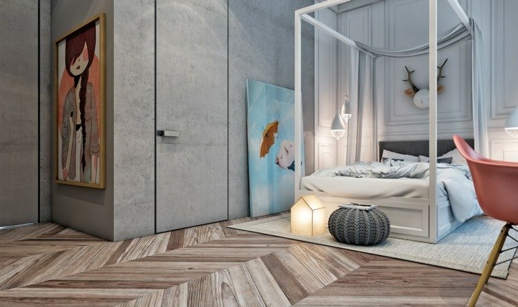 moderná detská izba posteľ romantická posteľ s baldachýnom sivé nástenné čalúnenie