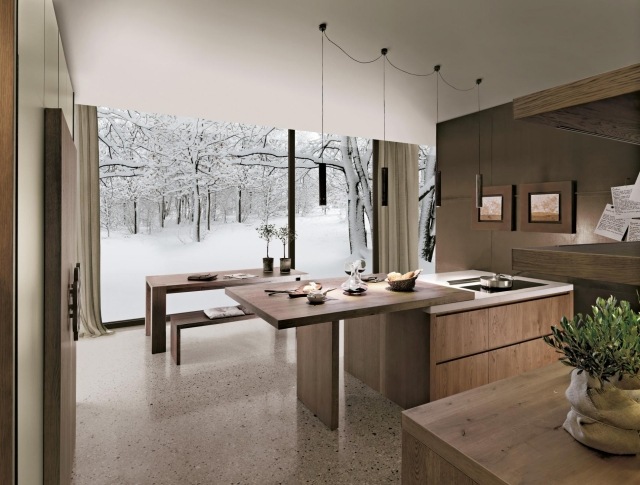 Kuchynský ostrovček jedálenský stôl-drezy-integrované umývadlo-nerezové kovanie kuchyňa s ostrovčekovými integrovanými indukčnými platňami kyvadlové žiarovky