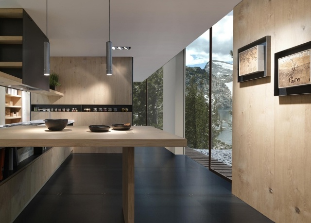 Dizajnové kuchynské práce závesné svetlá z preglejky. Okná od podlahy až k stropu natura kuchynské práce závesné svetlá do dýhovaného dreva, stropné zasklenie