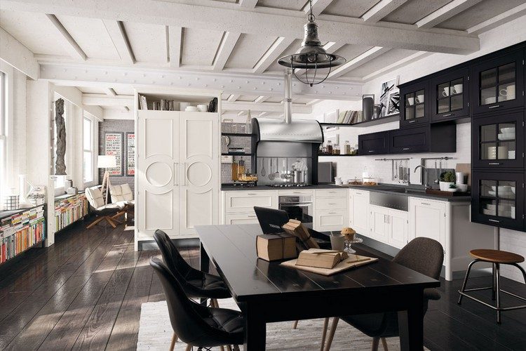 Kuchynka v čiernej a bielej farbe moderná kuchyňa-vidiecky štýl-čierno-biela