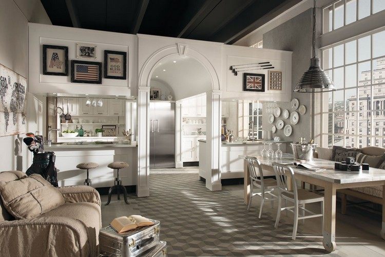 Priečka medzi jedálenským kútom a kuchynským kútom moderná-kuchyňa-vidiecky dom-biela-modulárna-priečka-barová stolička