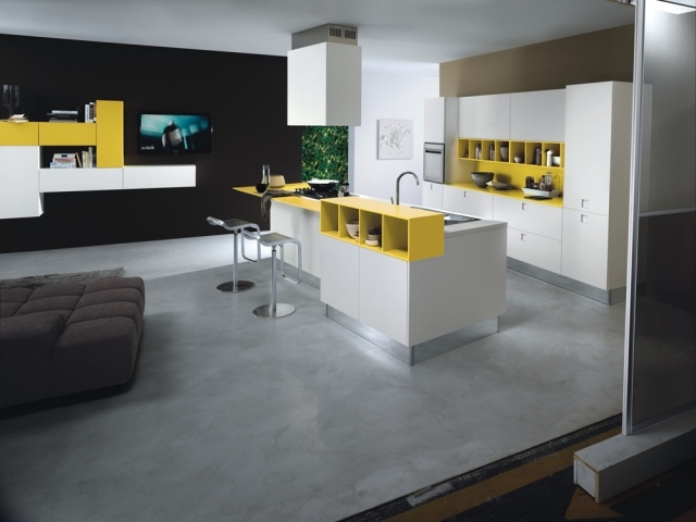 nápady interiérový dizajn-moderná kuchyňa-nábytok biela-žltá-quadra plánovanie kuchynského priestoru nápady modulárneho nábytku bielo-žltá-quadra