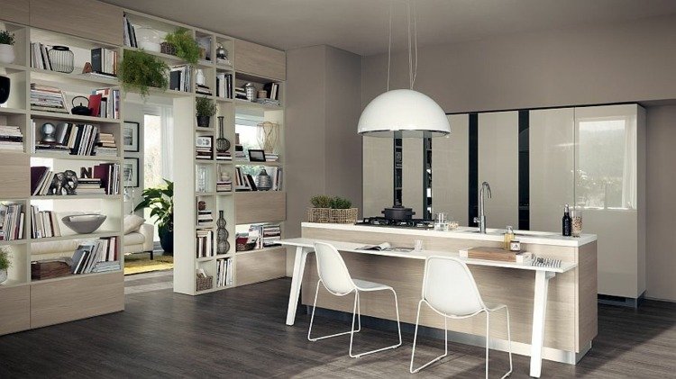 Táto moderná kuchyňa s vysokým leskom má vstavanú policu ako rozdeľovač miestností moderné kuchyne dizajn biely kuchynský ostrovček bar vstavaná polica vysoký lesk