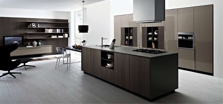 Skombinujte drevené povrchy s vysokým leskom hnedej a dyhy moderné kuchyne cesar lesklý drevený povrch dyhovaný