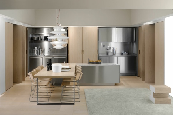 Oceľový kuchynský ostrovček moderná drevená kuchyňa