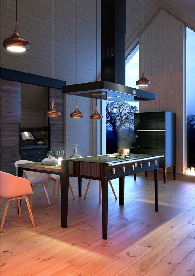 moderná kuchyňa kuchynský ostrovček nerezový odsávač pár laminátová podlaha Kuchynský ostrovček nerezový odsávač pár laminátová podlahová závesná svetlá