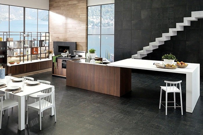 moderný kuchynský ostrovček, drevený jedálenský kút, plán dizajnu