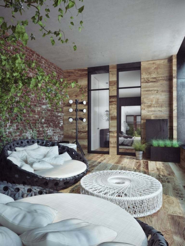 Moderné kúsky balkónového nábytku ponúkajú plný komfort moderný-klinker-stena-dizajn-penthouse pokrov balkón nápad vysadiť