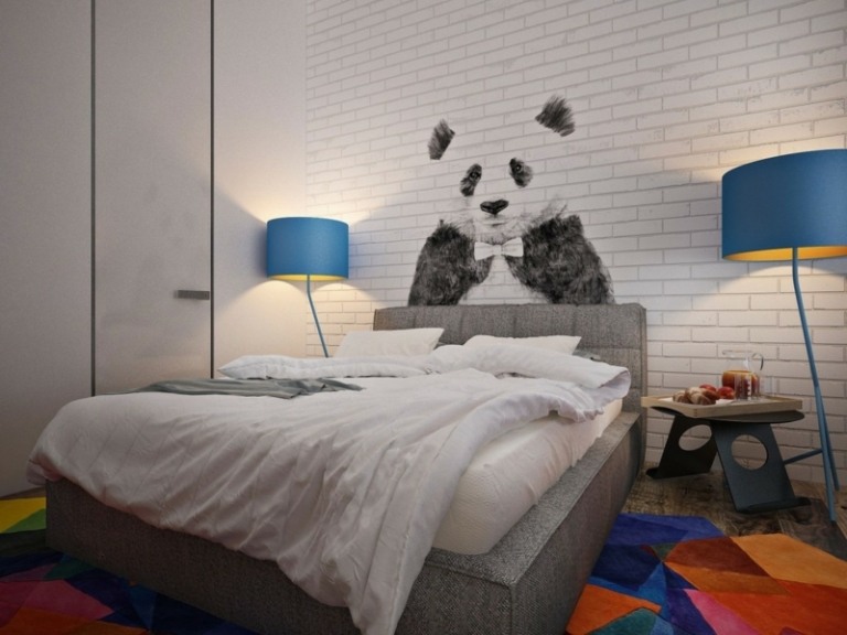 Stenu navrhla roztomilá panda slinok nástenný dizajn moderná posteľ deti šedý dizajn stojací lampa bočný stolík