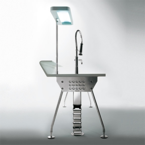 Kuchynský ostrov moderný dizajn talianska oceľ corian nehrdzavejúce vnútorné osvetlenie ostrovné osvetlenie trendový interiérový dizajn talianska nerezová oceľ corian