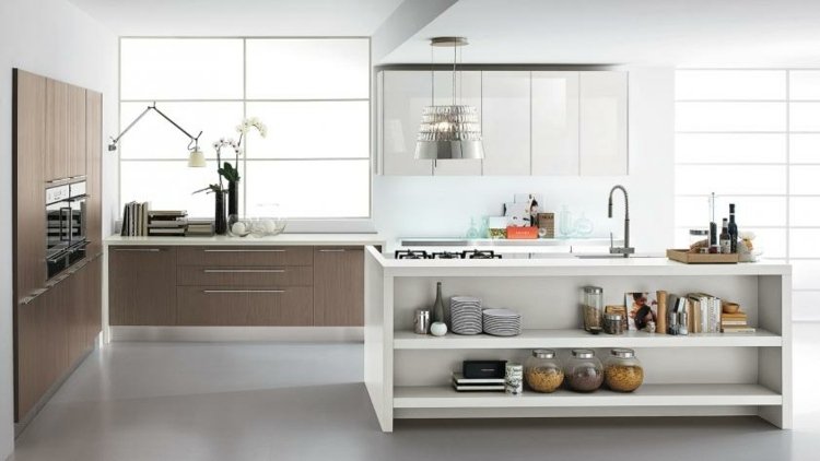 Kuchynský ostrovček moderný nilde lubrikant béžový policový biely drez