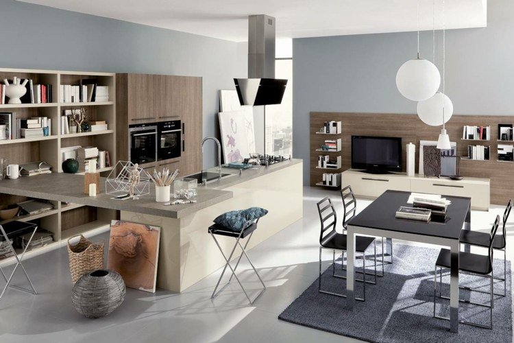 moderná kuchyňa ostrovný karibský kotol jedálenský stôl pultová polica jednotka stena