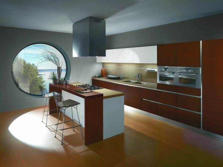 Kuchynský ostrovček moderná časť 8 ernestomeda červenohnedý pultový odsávač pár okrúhle okno