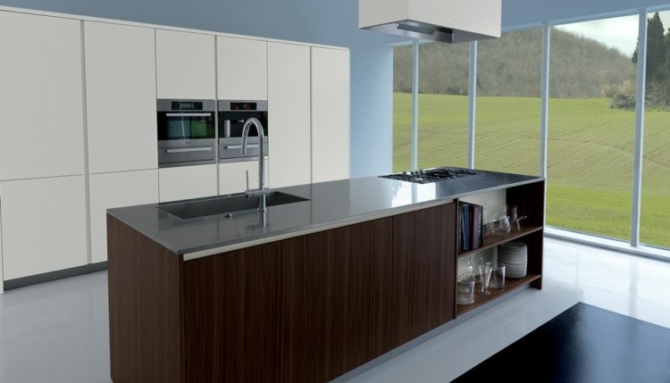 Kuchynský ostrovček moderný, jedna policová skrinka z ocele schiffini, biela predná časť okna