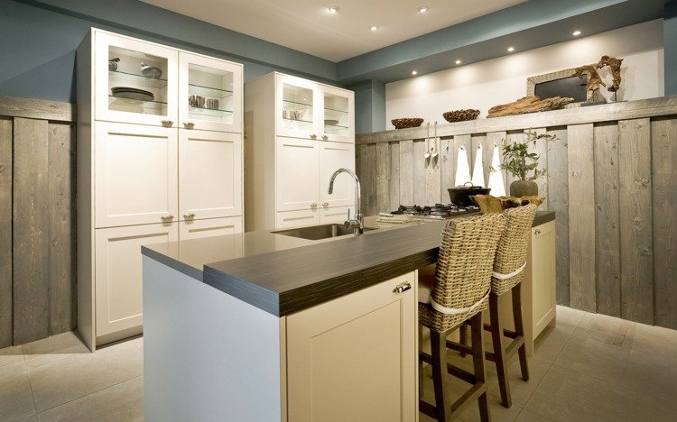 Kuchynský ostrov moderný se 2002 rf siematic plážový stoličkový kôš s dreveným obložením