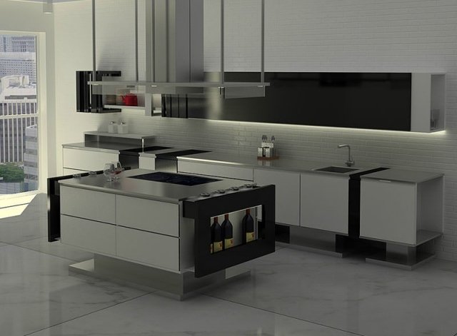 nerezový kuchynský ostrovček funkčný odsávač pár Liu Hode