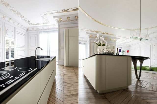 Kuchynský ostrovček minimalistický vzhľad čierny pult bez rukovätí minimalistický vzhľad čierne pultové dvere skrinky bez úchytiek