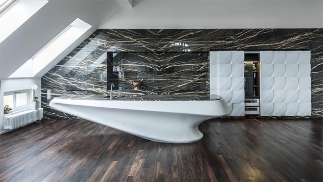 kuchynský dizajn ostrov corian skrinka posuvné dvere Moderná luxusná kuchyňa - ostrov - corian -posuvné dvere