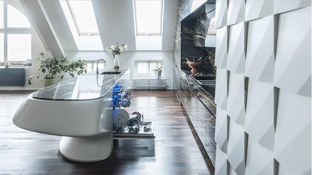 luxusný kuchynský ostrovný prístroj úložný priestor umývačky riadu Moderná luxusná kuchyňa - ostrovné vybavenie - umývačka riadu - úložný priestor