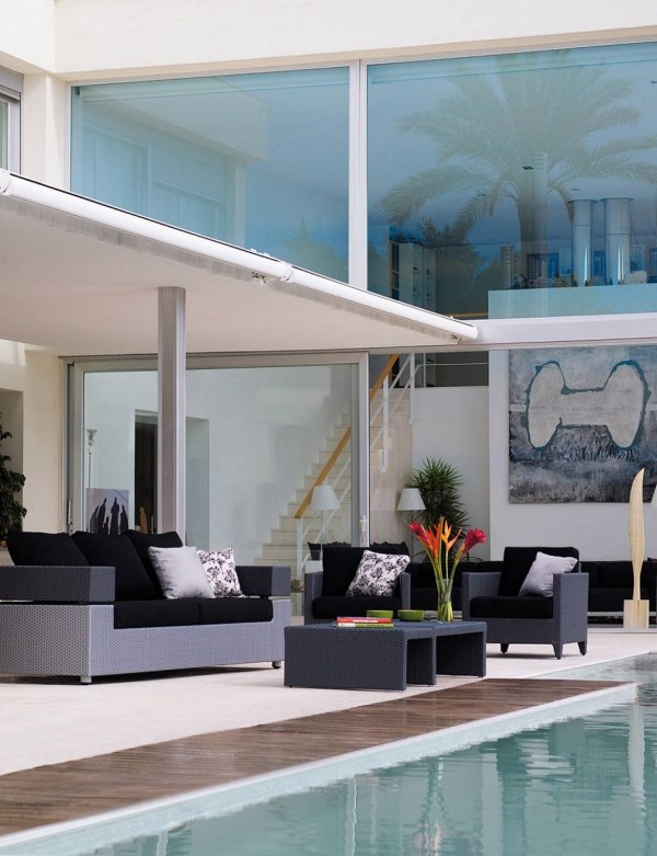 Ratanové sedenie Sedadlá Expormin čierne čalúnenie Ratanový záhradný nábytok Sedenie Expormin čierne vankúše