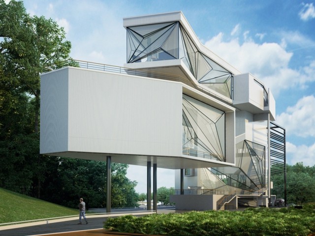 Oceľové okná betónová cesta záhrada moderná budova