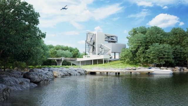 Mestský vila trávnik vysoké stromy jazero záhradný tvar