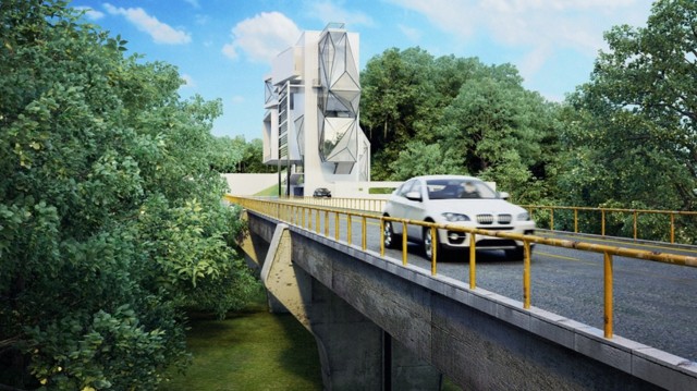 minimalistická budova, bočný pohľad, oceľová fasáda