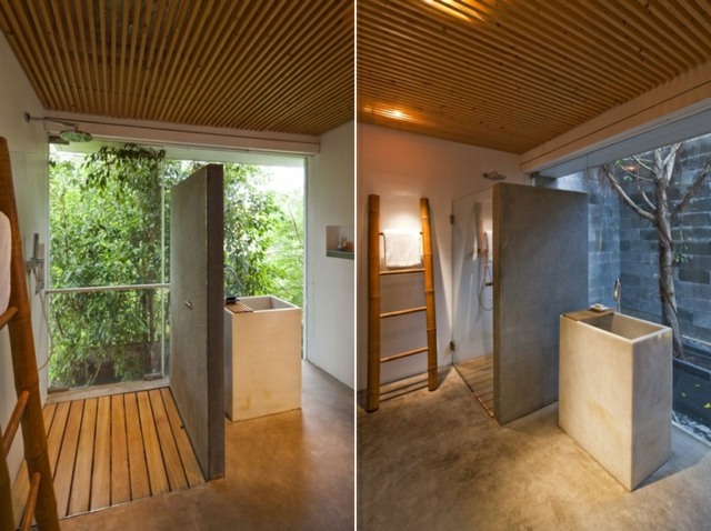 Sprchovací kút umývadlo betónová podlaha betónová stena neošetrená