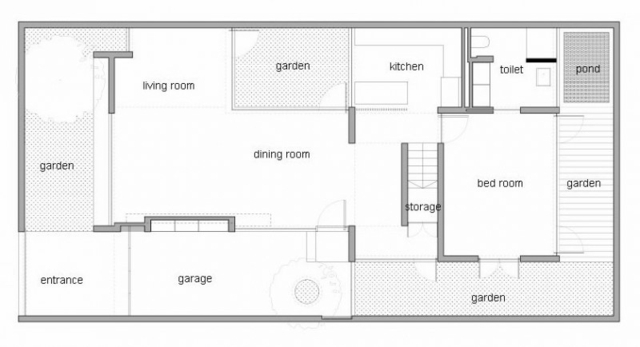 Pohľad zhora na rozloženie miestnosti, záhradný dvor, pôdorys