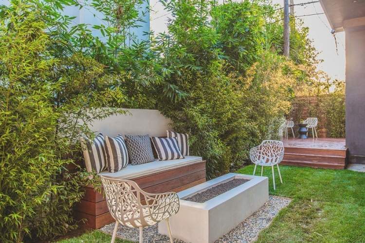 Bambusové rastliny poskytujú sviežo zelenú obrazovku ochrany osobných údajov záhradný dizajn-obrázky-ochrana-súkromia-bambus-rastliny-drevo-lavička-betón-krb